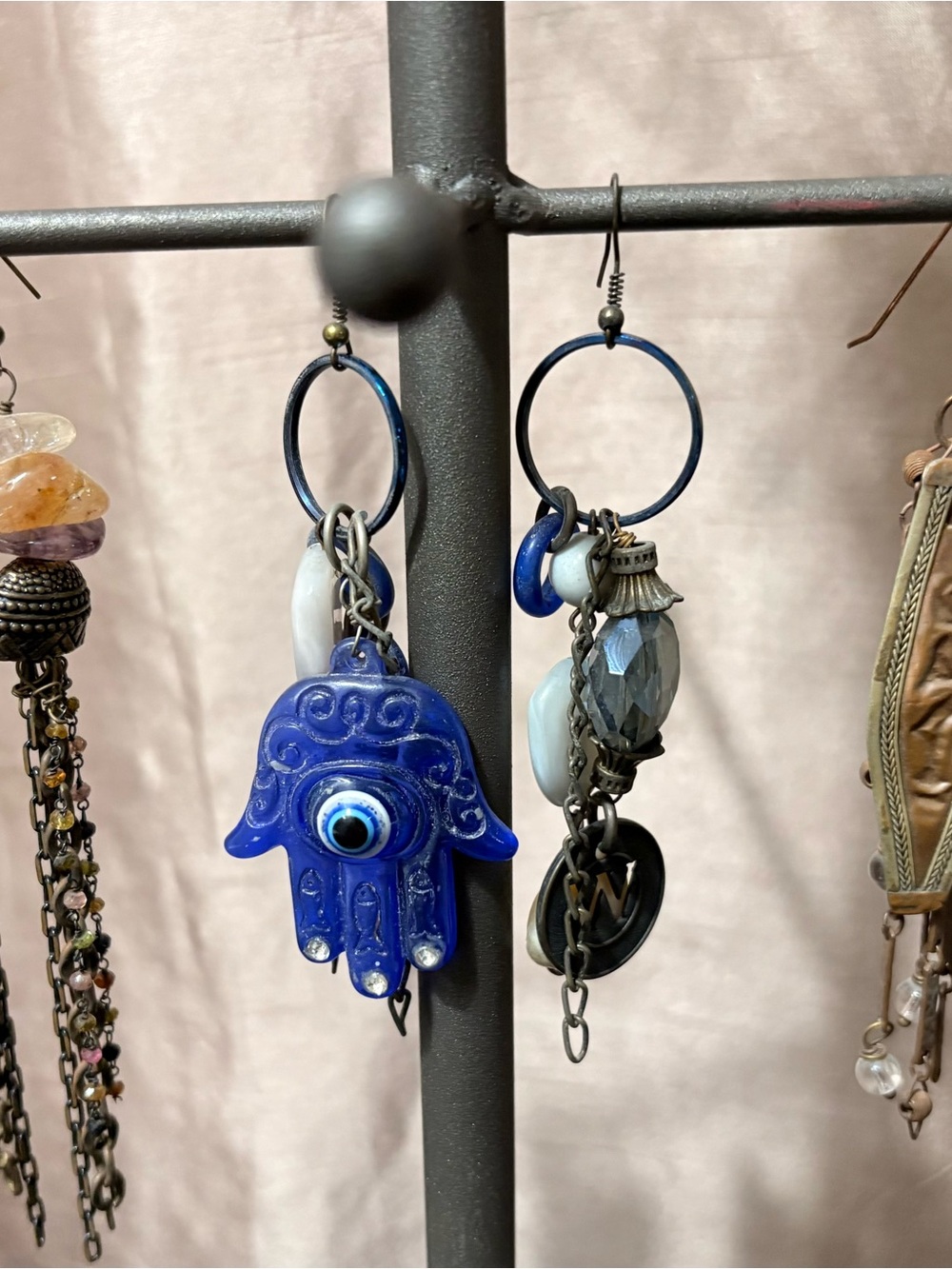 Handmade Blue Hamsa Evil Eye Charm Earring - Blue